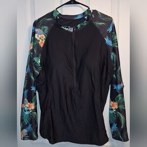 Black Floral Pineapple Long Sleeve Swim Rash Guard Top